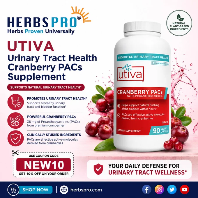 HerbsPro Utiva cranberry PACs supplement bottle with cranberries, promotes urinary tract health; coupon NEW10 for 10% off.