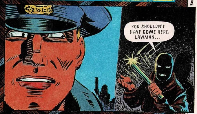 A panel from "Streets of Rage" in Sonic the Comic #7, in which Axel Stone is ambushed by a pipe-wielding thug in a balaclava.