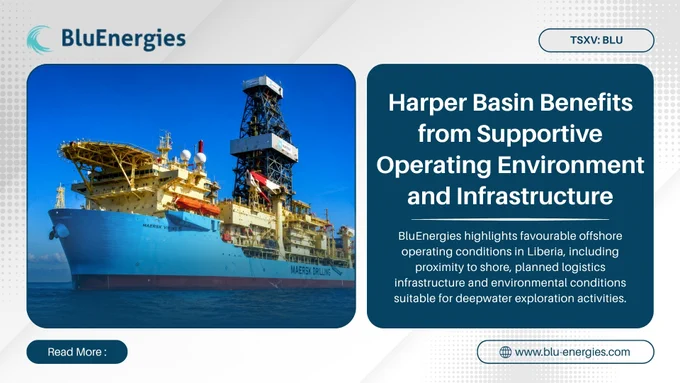 BluEnergies corporate graphic featuring an offshore drilling vessel and highlighting the Harper Basin project in Liberia. The image emphasizes favourable offshore operating conditions, proximity to shore, planned logistics infrastructure, and environmental conditions suitable for deepwater exploration. Company branding, website information, and TSXV: BLU ticker are displayed.