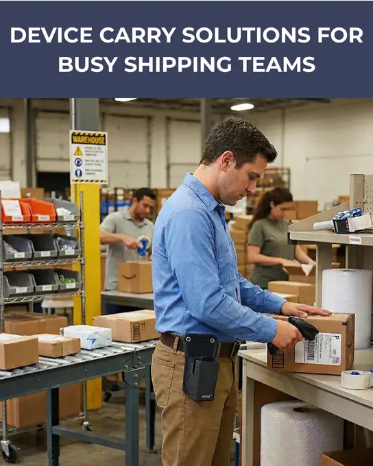 Shipping associate scanning a package label at a packing station while wearing a 2D Barcode Scanner Holster with Belt Clip, with overlay text reading “Device Carry Solutions for Busy Shipping Teams.”