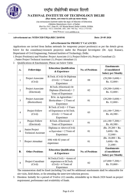 NIT Delhi Project Staff Vacancy