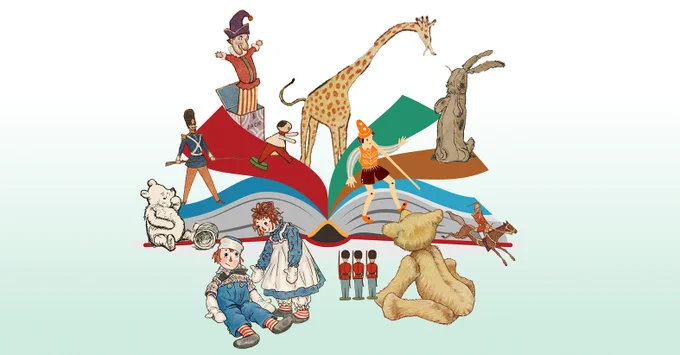 Open storybook with colorful pages featuring classic toy characters like a giraffe, teddy bear, and wooden soldiers.