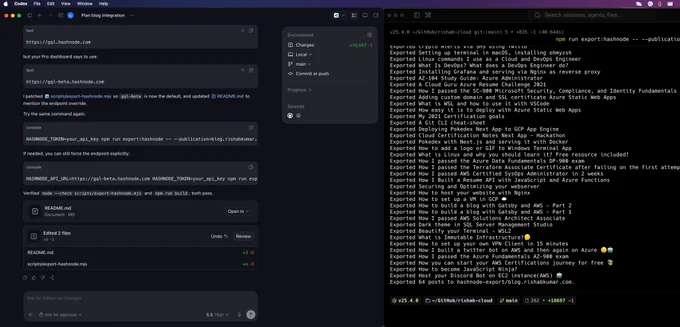 Codex helping me migrate my blog from hashnode to my personal site.