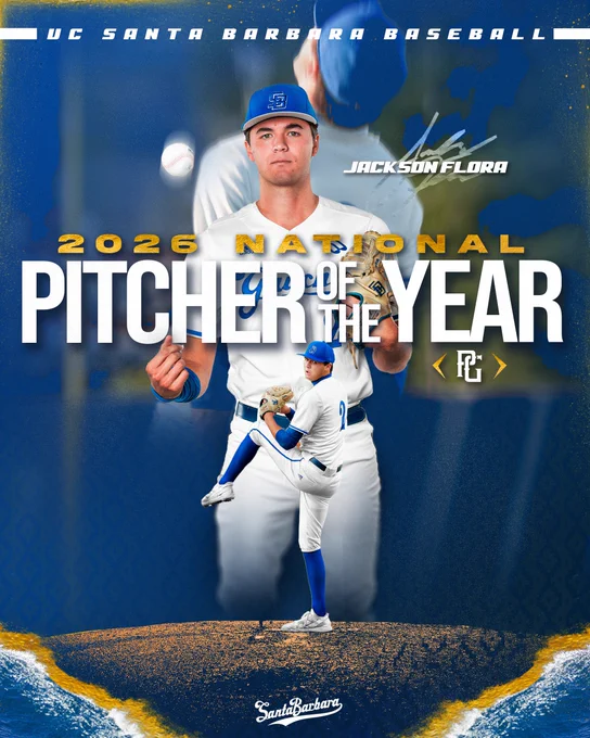 A graphic celebrating Jackson Flora’s Perfect Game National Pitcher of the Year Award. In the background, Jackson leans back and lets out a triumphant yell. In the center of the graphic, Jackson tosses a baseball in the air in a posed photo. Text reads: 2026 National Pitcher of the Year. In the foreground at the bottom of the graphic, Jackson kicks into his windup on a pitcher’s mound. Effects of waves rolling ashore appear in the bottom corners, on each side of the mound.