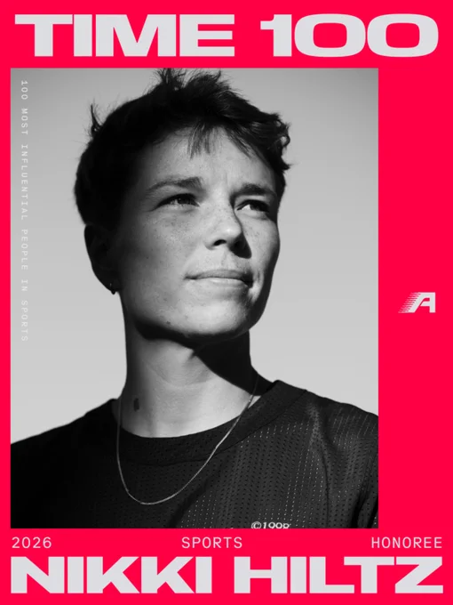 Black and white cover image featuring a portrait on the TIME 100 list. The athlete is seen looking off-camera, with bold red text announcing their recognition in sports.