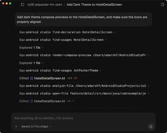 Gemini 3.1 Pro coding interface displaying automated edit logs for HotelDetailScreen.kt.