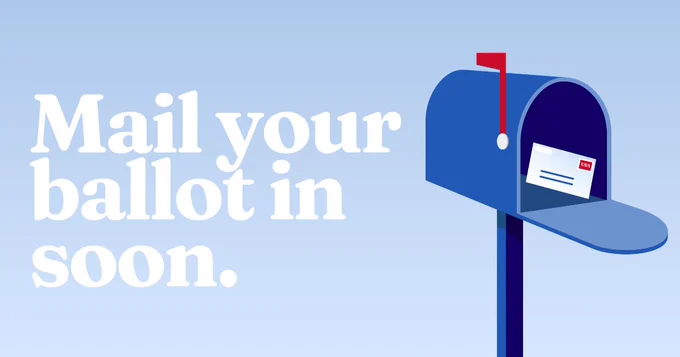 "Mail in your ballot soon." on the left with a blue mailbox with an envelope inside on the right.