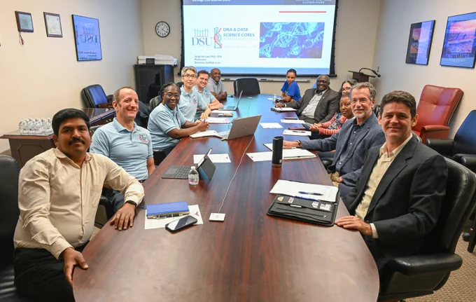Members of the DSU Delaware Nucleotide Analysis & Data Science (dsDNA) Core Center visit with UMES School of Agricultural and Natural Sciences administration and faculty on the UMES campus.