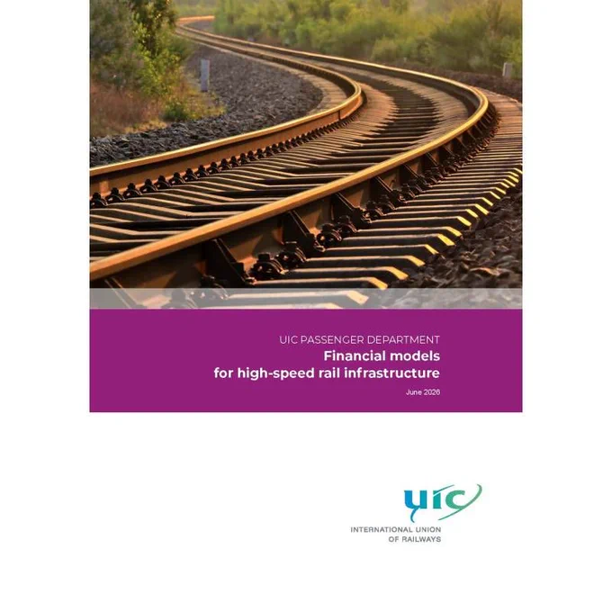 Report cover with a picture of curving railroad tracks that says UIC Passenger Department financial modles for high-speed rail infrastructure