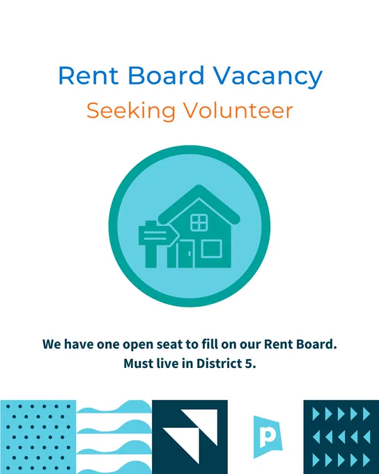 Flyer announcing a City of Portland, Maine rent board vacancy, seeking a volunteer living in District 5, with a house icon.
