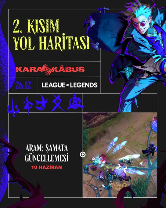 2026 - 2. Sezon: Kara Kâbus'un 2. Kısım'ında League of Legends'a gelecek çeşitli özellik, içerik ve modları içeren bir yol haritası görseli.