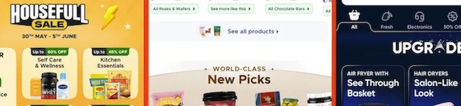 Screenshots of partial home pages of Blinkit and Swiggy Instamart