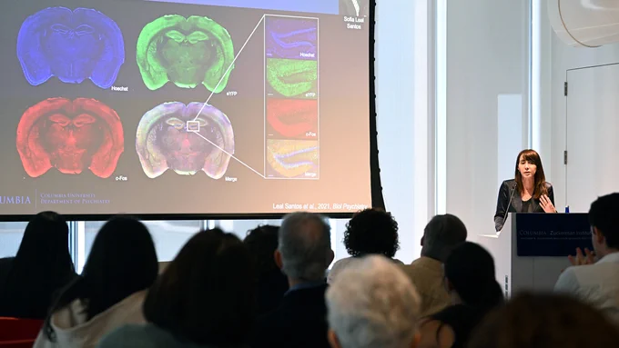 Christine Denny, PhD, presenting research on the molecular mechanisms underlying memory. Credit: Eileen Barroso.