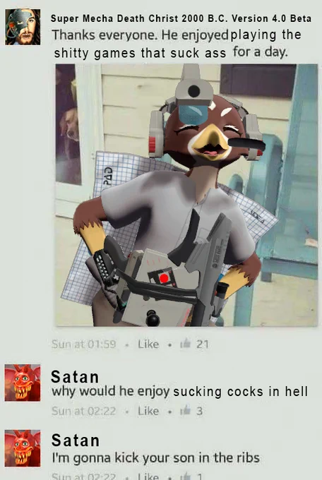 A bird character posing in the AVGN battlesuit, meme image