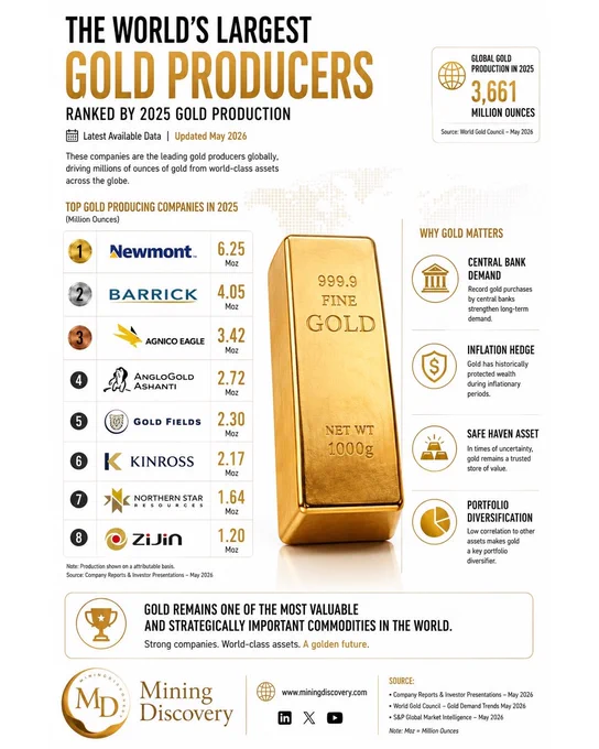 Infographic showing the world's largest gold producers ranked by 2025 gold production, featuring Newmont, Barrick, Agnico Eagle, AngloGold Ashanti, Gold Fields, Kinross, Northern Star Resources, and Zijin, with gold market insights and production statistics.