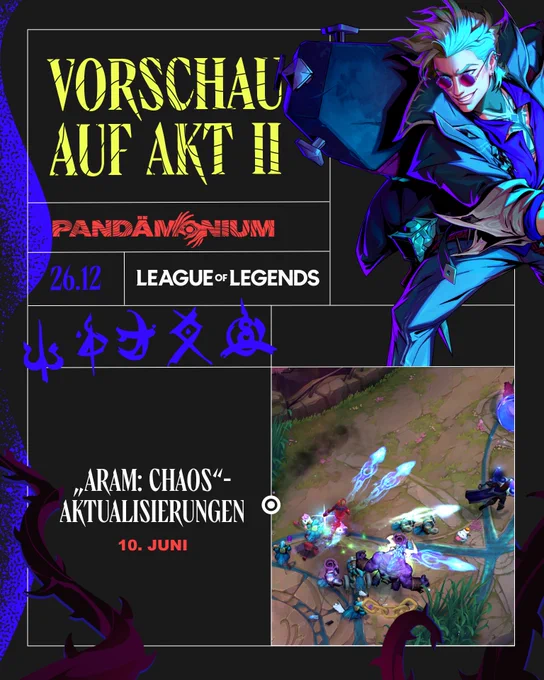 Ein Bild einer Vorschau mit verschiedenen Funktionen, Produkten und Spielmodi, die in Akt II von „Saison 2 2026: Pandämonium“ für League of Legends veröffentlicht werden.