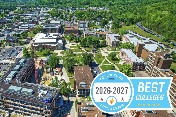 Aerial view of Morehead State University’s campus with a Colleges of Distinction badge on top of the image