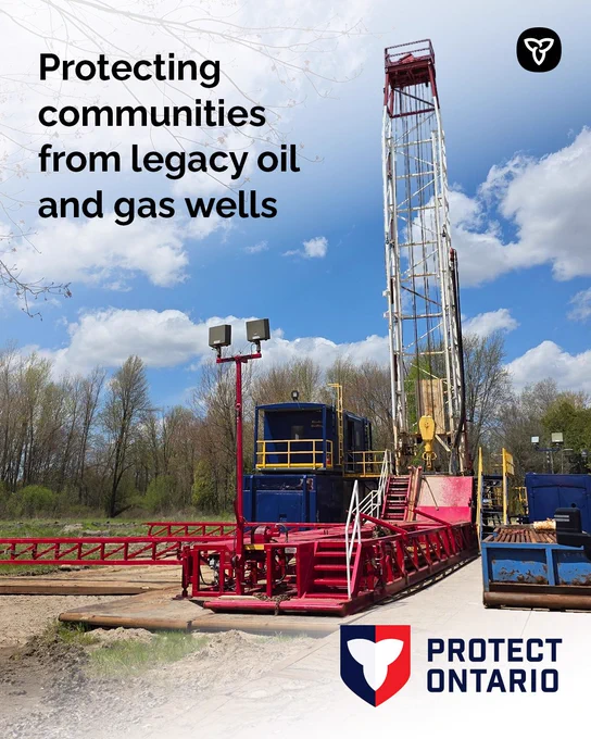 Alt text: photo of a red and blue oil and gas rig with trees in the background with text “Protecting communities from legacy oil and gas wells”