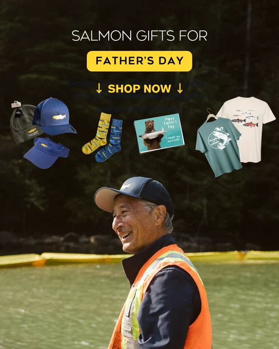 A promotional image showcasing salmon-themed gifts for Father's Day, including hats and shirts, set against a serene outdoor background with a smiling man wearing a cap and safety vest.