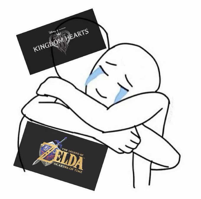 Image of someone crying and hugging a figure. The figure has the kingdom hearts 4 and LOZ ocarina of time remake title cards