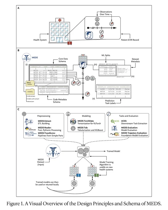 A three-part diagram illustrating the design principles and schema of MEDS.