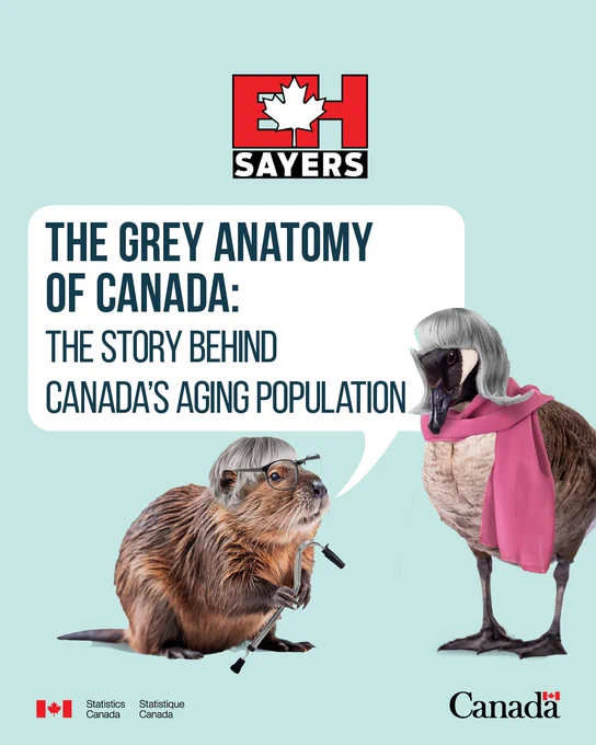 New Eh Sayers podcast episode called “The Grey Anatomy of Canada: The story behind Canada’s aging population.” Illustration of a beaver and goose dressed as older adults.