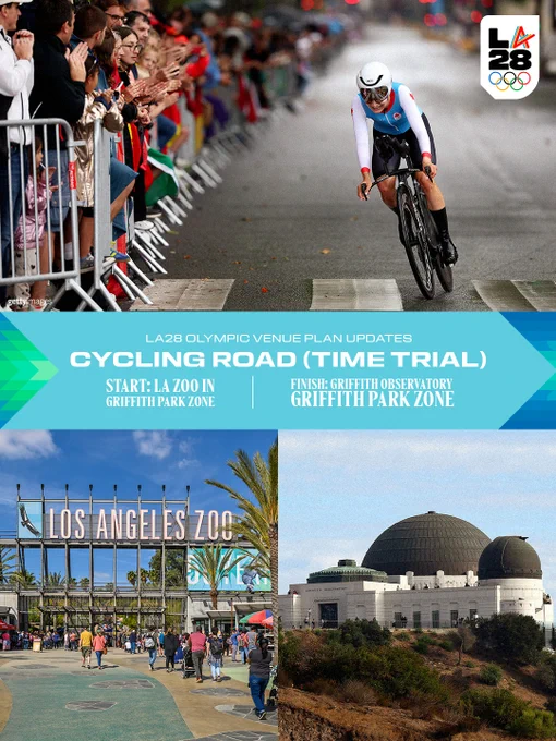 A graphic for the LA28 Olympic Games showing details for the Cycling Road Time Trial. The top panel shows a photo of a cyclist racing in a time trial event. The bottom panel features two photos: the entrance to the Los Angeles Zoo and the Griffith Observatory. Text on the graphic identifies the start location as the LA Zoo in the Griffith Park Zone and the finish location as the Griffith Observatory in the Griffith Park Zone.