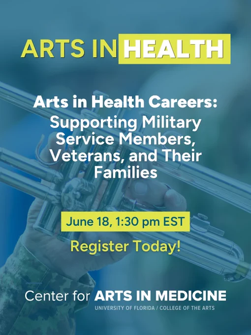 Promotional banner for Arts in Health Careers webinar supporting military members and families on June 18 at 1:30 pm EST.