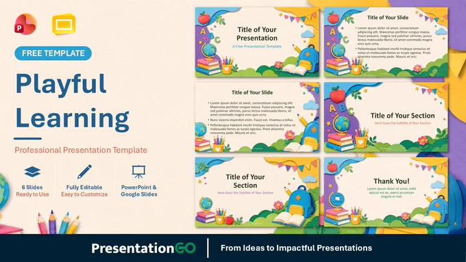 Playful Learning PowerPoint and Google Slides template showing colorful school slides with books, globe, pencils, and backpack.