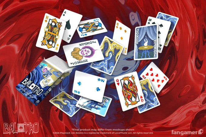 An illustration of our upcoming Ghost Deck of Balatro playing cards flying out of their tuck box. They feature the Ghost Deck card back from Balatro; the deck's four Jokers, Seance, Mr. Bones, Sixth Sense, and Castle, are visible along with a selection of other cards. 