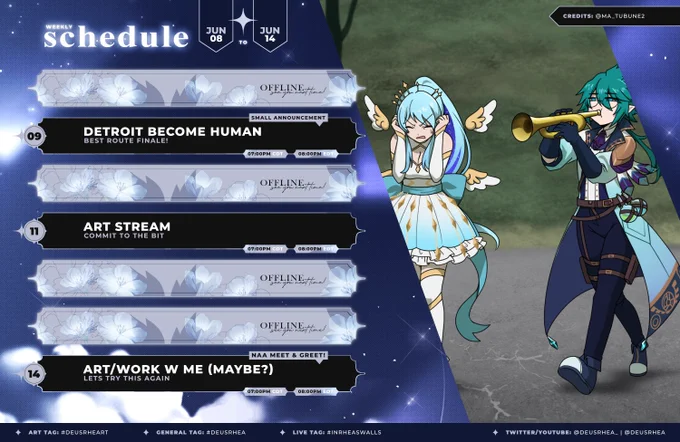 Timezone is Central US (GMT -5). Detroit Become Human 8th Anniversary PT 3 on Tuesday at 7pm. Art on Thursday at 7pm. Maybe Art/coworking Stream on Sunday at 7pm.