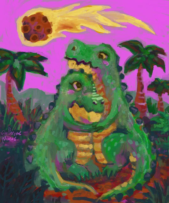 painting of two passionate dinosaurs hugging and a meteor falling in the sky