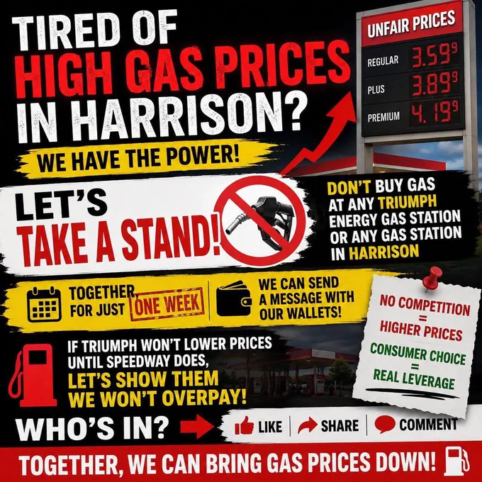 I am organizing a BOYCOTT of ALL Harrison, Ohio Fuel Stations to Persuade them to Realistic Fuel Prices comparable to ALL of Cincinnati/Northern KY/Southeastern Indiana! who is with me?