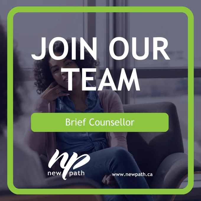 Person sitting in a chair holding a notebook, with text inviting to join the team as a Brief Counsellor at New Path.