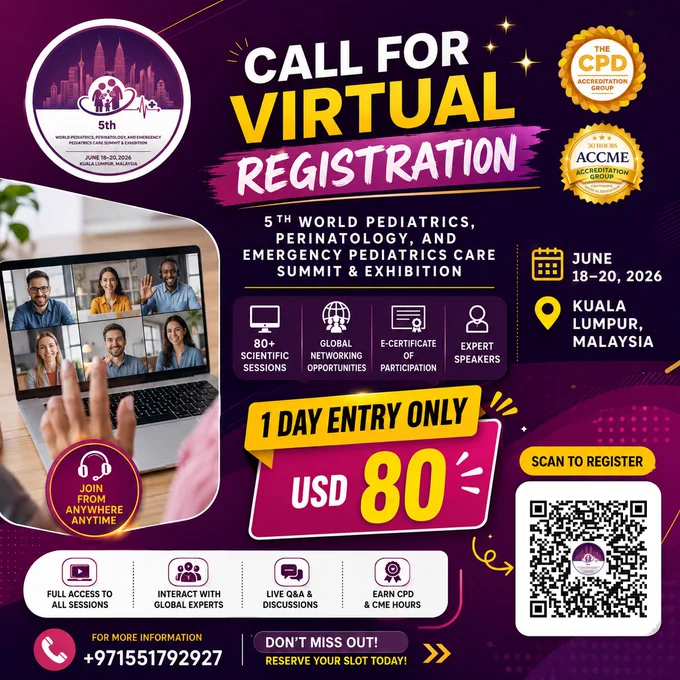Join Us Virtually from Anywhere in the World!

Be part of the 5th World Summit and Exhibition on Pediatrics, Perinatology, and Emergency Pediatrics Care and connect with leading pediatricians, neonatologists, researchers, healthcare professionals, and academicians worldwide.

🗓 June 18–19, 2026
📍 Kuala Lumpur, Malaysia | Virtual Participation Available

✨ Benefits of Virtual Attendance:
✔ Access to keynote presentations
✔ Learn from global experts
✔ Network with international professionals
✔ Receive participation certification
✔ Join from the comfort of your home or workplace

Don't miss this opportunity to stay updated on the latest advancements in pediatrics, perinatology, and emergency pediatric care.

Register here: https://pediatrics.utilitarianconferences.com/virtual-registration
WhatsApp: https://wa.me/ 971551792927

#PediatricsUCG2026 #VirtualConference #Pediatrics #Perinatology #EmergencyPediatrics #ChildHealth #Neonatology #PediatricResearch #HealthcareConference #MedicalCo