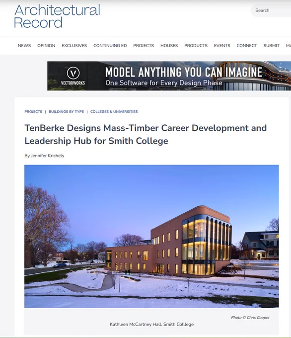 Architectural Record article "TenBerke Designs Mass-Timber Career Development and Leadership Hub for Smith College".