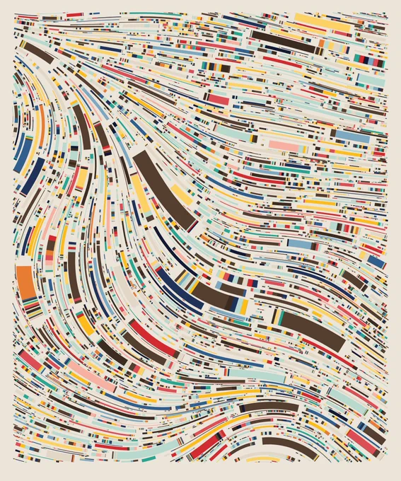 Tyler Hobbs
Fidenza #545, 2021
Private collection

Fidenza, a series of 999 unique works by Tyler Hobbs, explores the fluidity of form and color. Fidenza is based on a flow field algorithm, a mathematical system that is used to simulate natural motion. These algorithms are used in fluid dynamics (to model airflow and water currents), video games (to create realistic smoke, fire, and crowd movements), and animation (for effects like the movement of hair or fur). Hobbs adapted flow fields to guide the placement of curved lines and shapes to create dynamic, organic compositions where each line flows smoothly across the canvas.

Hobbs adjusted variables like line density, curvature, spacing, and color palettes, ensuring that each generated output felt distinct yet cohesive with the series. This long-form generative art requires the artist to perfect an algorithm that can deliver high variability, unity, and consistent quality without their intervention.