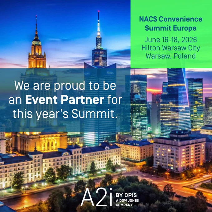 Aerial view of a cityscape at dusk with skyscrapers and historical buildings illuminated. Text overlay promotes the NACS Convenience Summit Europe taking place June 16-18, 2026, at Hilton Warsaw City, Warsaw, Poland. It also states, "We are proud to be an Event Partner for this year's Summit." The A2i logo by OPIS, a Dow Jones Company, is shown at the bottom.