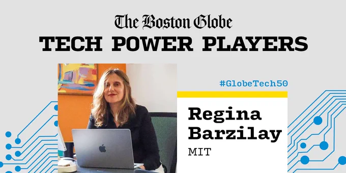 Graphic with a headshot of Regina Barzilay overlaid with text that reads "The Boston Globe: Tech Power Players" followed by text that reads "Regina Barzilay, MIT" and #GlobeTech50. The graphic has blue lines and dots.
