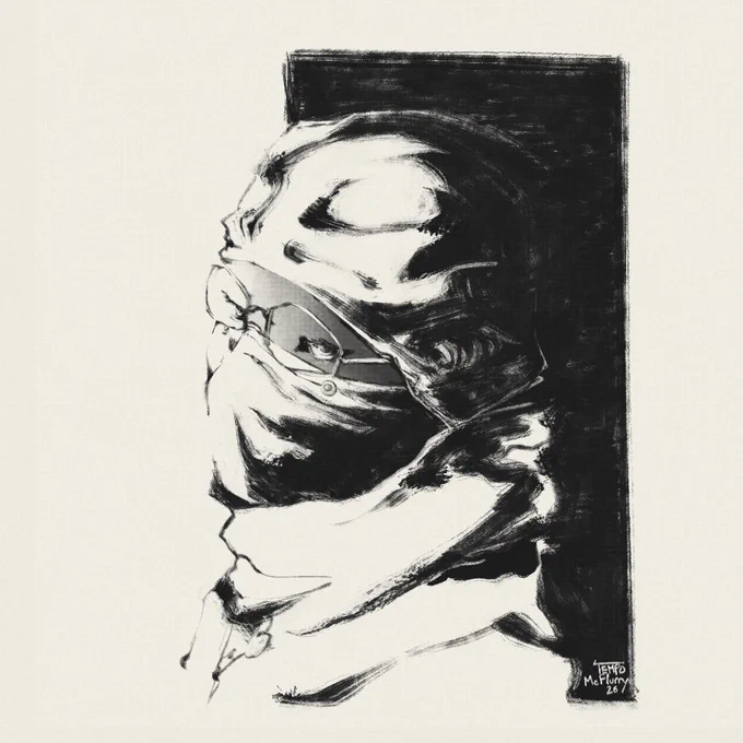 Drawing of Oceanglass wearing a face mask and cleanroom suit, angled and looking towards the viewer