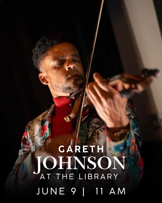 Musician in a colorful jacket playing violin in a dimly lit room, promoting Gareth Johnson's library event on June 9 at 11 AM.