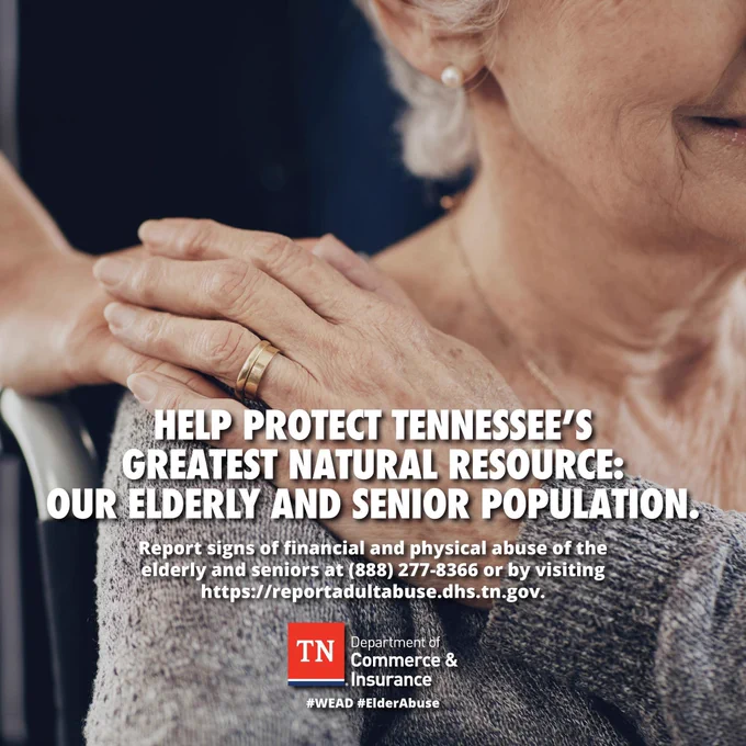 Elderly woman holding a caregiver’s hand with text: Help protect Tennessee’s greatest natural resource: Our elderly and senior population.
