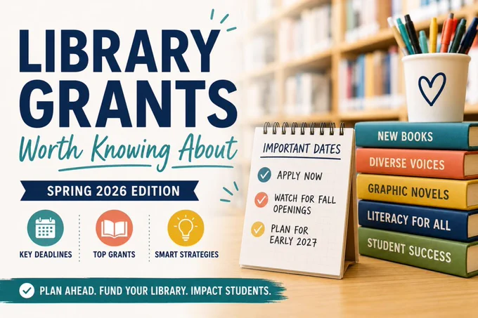 A graphic says "library grants worth knowing about." On the right side of the graphic, a stack of books shows topics.
