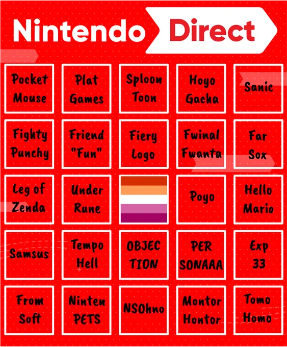 Nintendo Direct:

Pocket Mouse, Plat Games, Sploon Toon, Hoyo Gacha, Sanic.
Fighty Punchy, Friend *Fun*, Fiery Logo, Fwinal Fwanta, Far Sox.
Leg of Zenda, Under Rune, Lesbian Flag, Poyo, Hello Mario.
Samsus, Tempo Hell, OBJECTION, PERSONAAA, Exp 33.
From Soft, Ninten PETS, NSOhno, Montor Hontor, Tomo Homo.