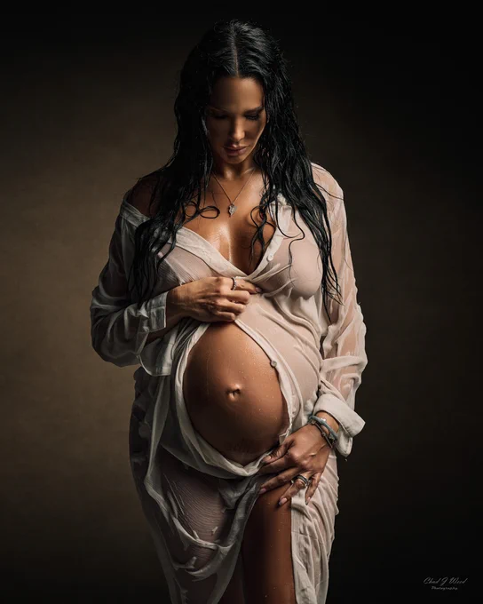 Phoenix Intimate Maternity Photography: Pregnant woman, wet look with a white shirt.