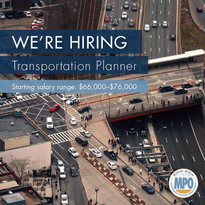 Image of a busy intersection with text that says "we're hiring. transportation planner. starting salary range: $66k-$76k.