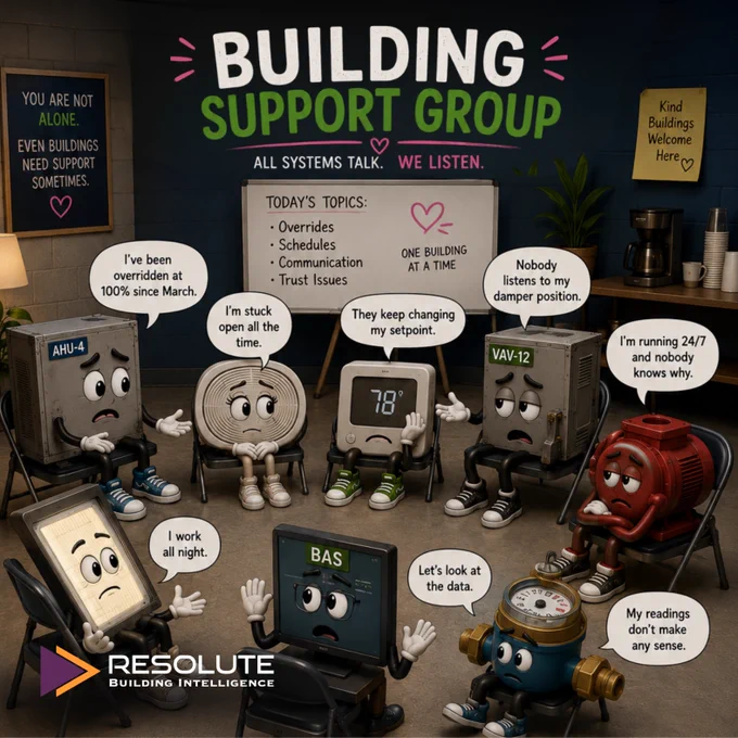 “Building Support Group” scene showing animated HVAC and building system components sitting in a support group. Speech bubbles mention common issues like overrides, schedules, setpoints, damper position, 24/7 operation, and unclear sensor readings. The image includes the Resolute Building Intelligence logo and the message “All systems talk. We listen.”
