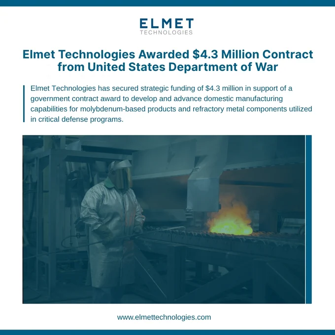 Elmet Technologies Awarded $4.3 Million Contract from United States Department of War