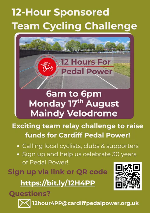 Poster for fund raising event for Pedal Power - 12 Hours for Pedal Power, taking place on 17th August.
