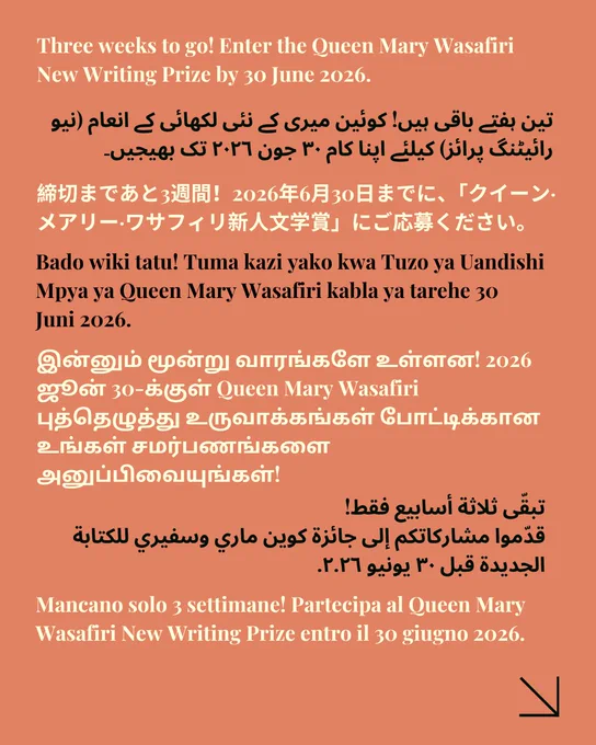 Orange background. In white and black text is the phrase 'Three weeks to go! Enter the Queen Mary Wasafiri New Writing Prize by 30 June 2026.' This has been translated into six other languages.